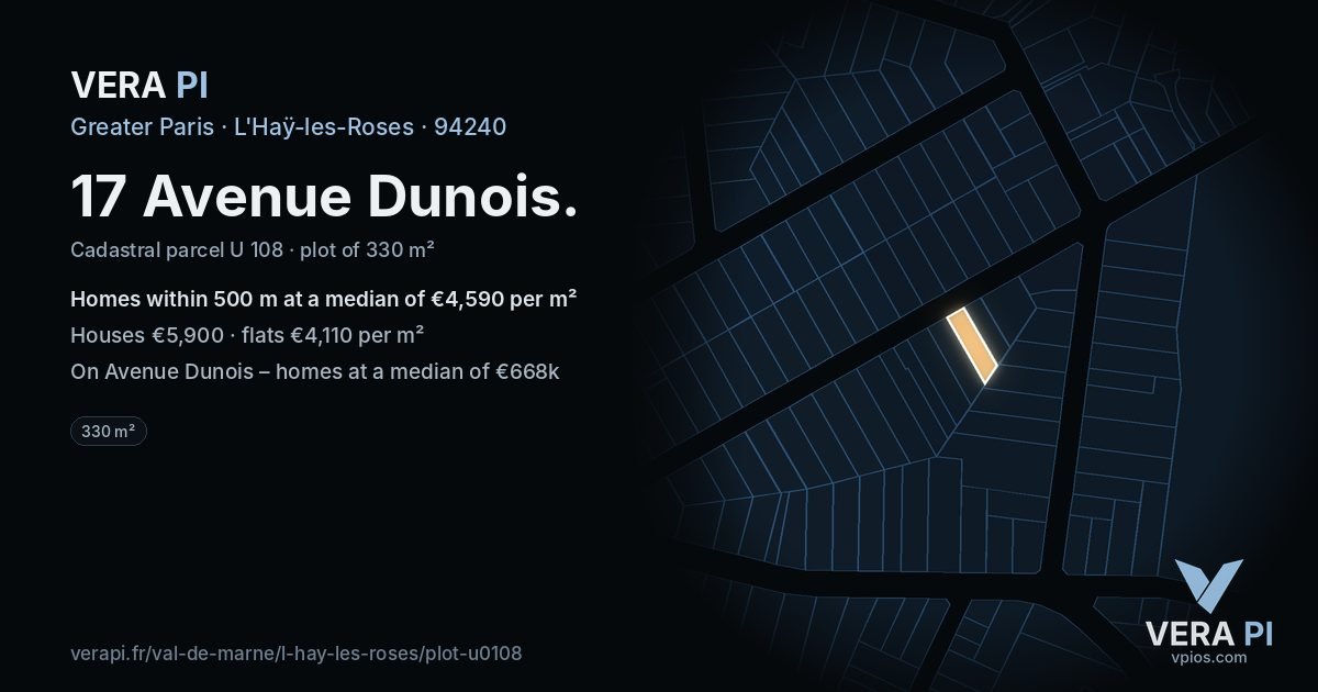 17 Avenue Dunois, L'Haÿ-les-Roses at night – the plot lit, the parcels around coloured by the prices near them