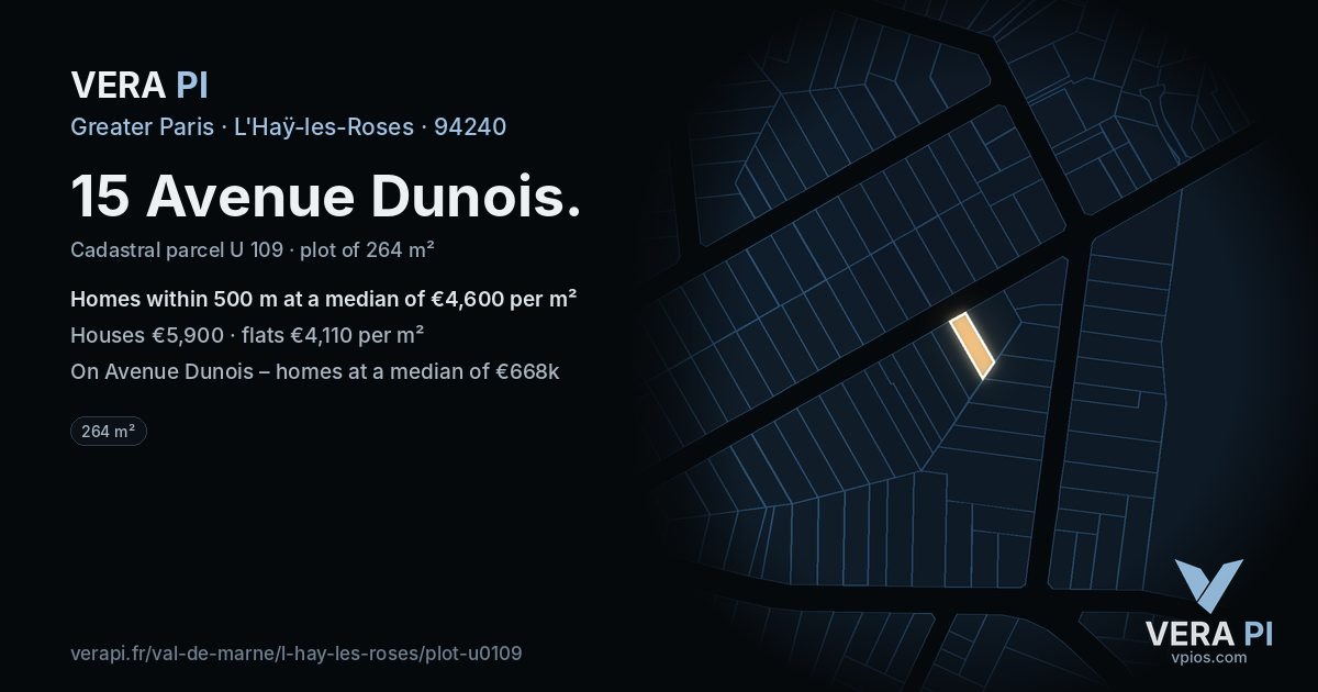 15 Avenue Dunois, L'Haÿ-les-Roses at night – the plot lit, the parcels around coloured by the prices near them
