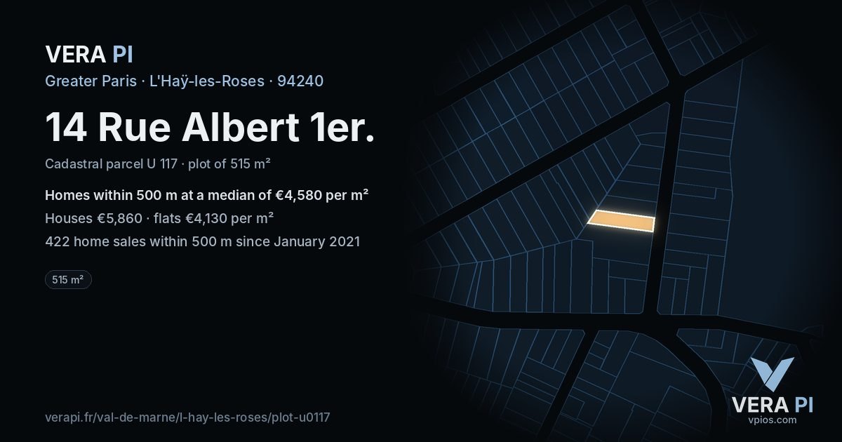 14 Rue Albert 1er, L'Haÿ-les-Roses at night – the plot lit, the parcels around coloured by the prices near them