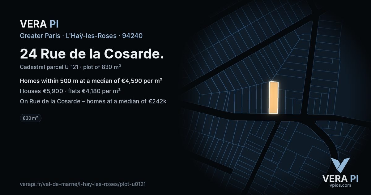 24 Rue de la Cosarde, L'Haÿ-les-Roses at night – the plot lit, the parcels around coloured by the prices near them