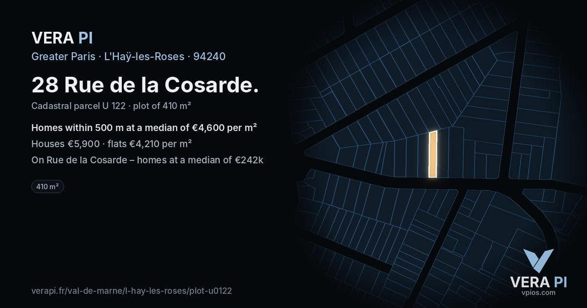 28 Rue de la Cosarde, L'Haÿ-les-Roses at night – the plot lit, the parcels around coloured by the prices near them
