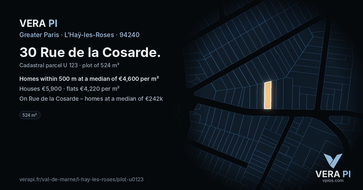30 Rue de la Cosarde, L'Haÿ-les-Roses at night – the plot lit, the parcels around coloured by the prices near them