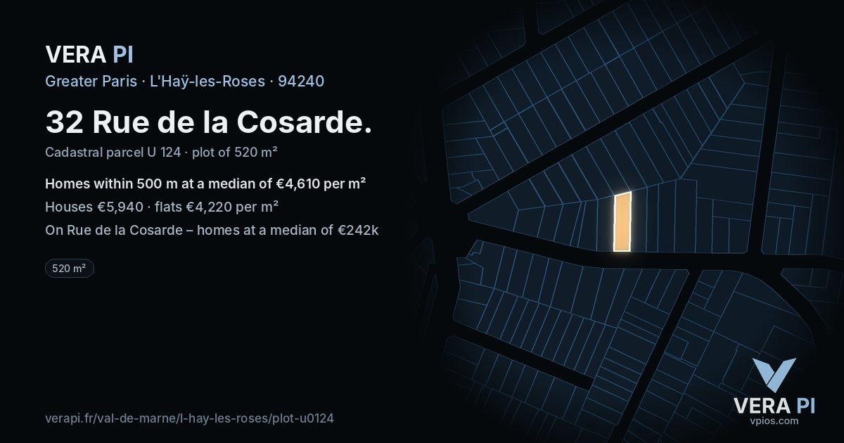 32 Rue de la Cosarde, L'Haÿ-les-Roses at night – the plot lit, the parcels around coloured by the prices near them