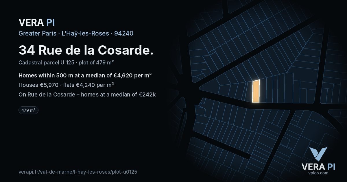 34 Rue de la Cosarde, L'Haÿ-les-Roses at night – the plot lit, the parcels around coloured by the prices near them