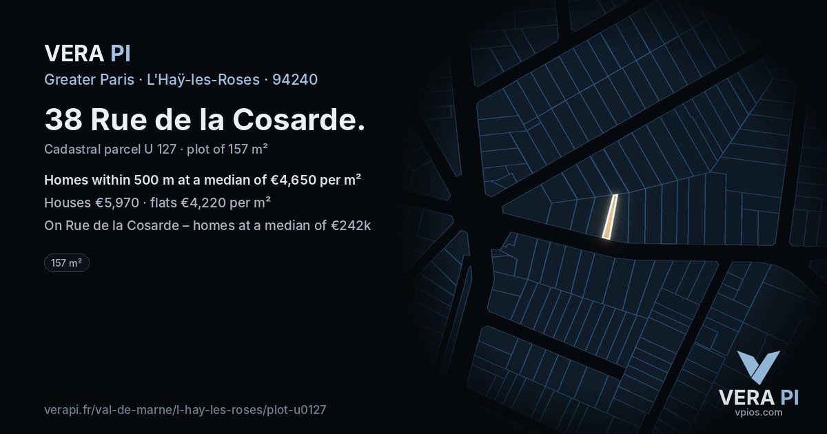38 Rue de la Cosarde, L'Haÿ-les-Roses at night – the plot lit, the parcels around coloured by the prices near them