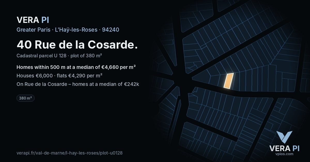 40 Rue de la Cosarde, L'Haÿ-les-Roses at night – the plot lit, the parcels around coloured by the prices near them