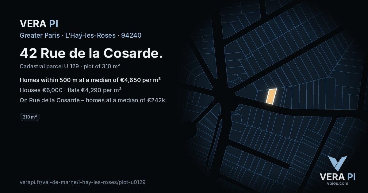 42 Rue de la Cosarde, L'Haÿ-les-Roses at night – the plot lit, the parcels around coloured by the prices near them