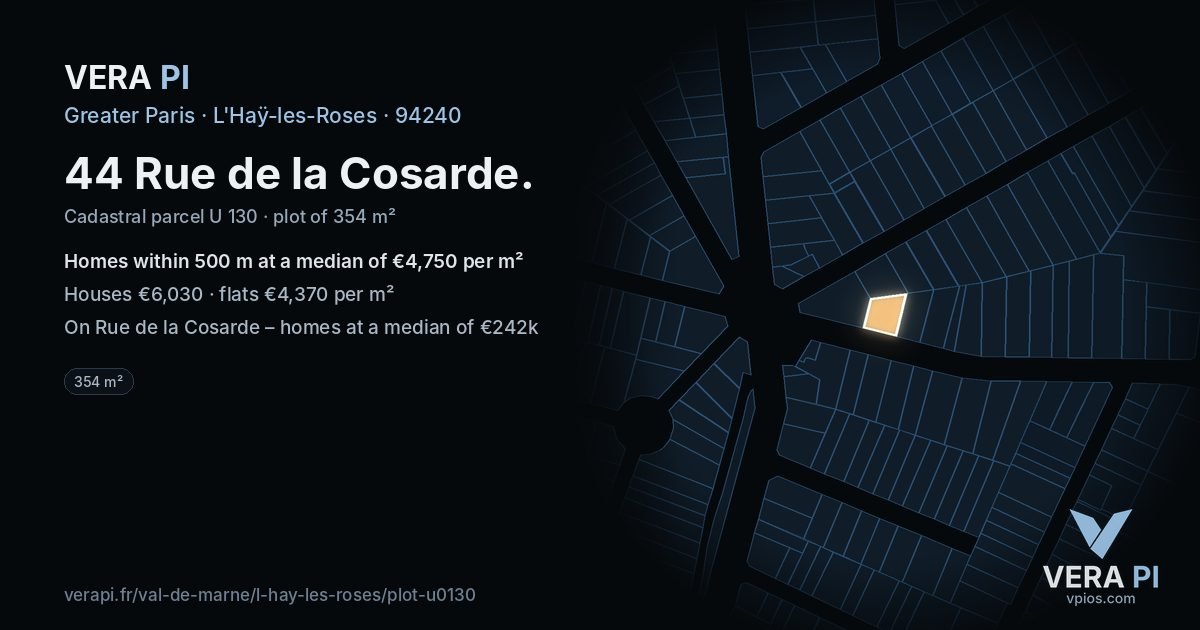 44 Rue de la Cosarde, L'Haÿ-les-Roses at night – the plot lit, the parcels around coloured by the prices near them