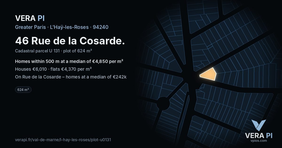 46 Rue de la Cosarde, L'Haÿ-les-Roses at night – the plot lit, the parcels around coloured by the prices near them