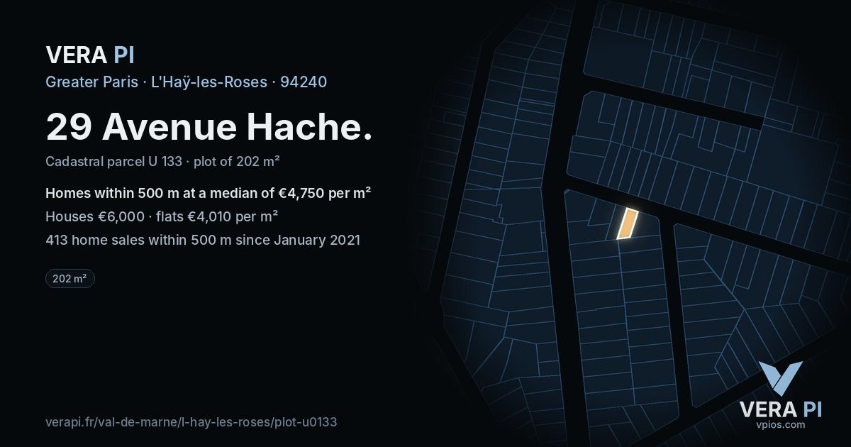 29 Avenue Hache, L'Haÿ-les-Roses at night – the plot lit, the parcels around coloured by the prices near them