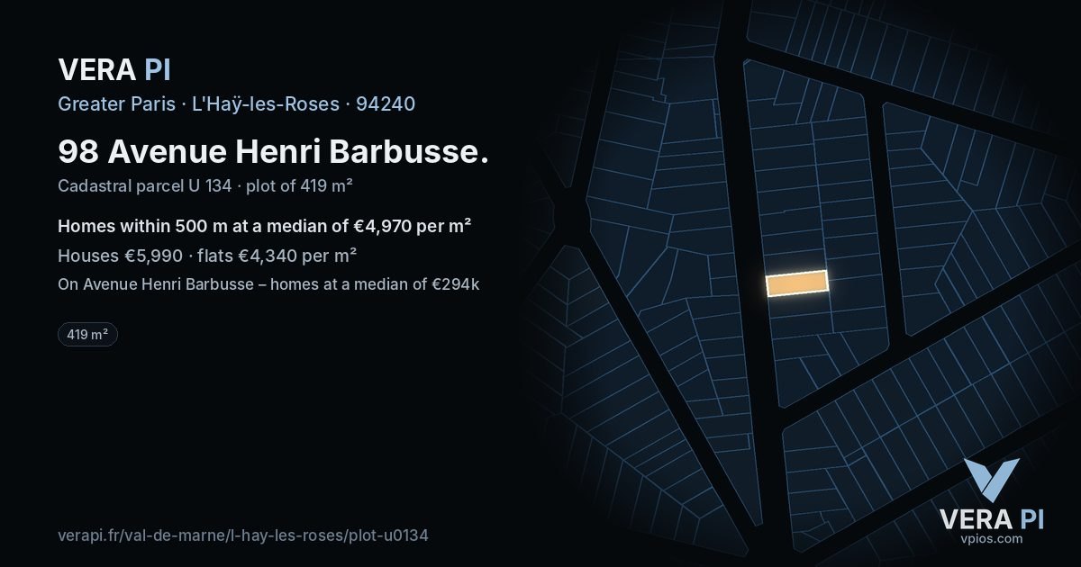 98 Avenue Henri Barbusse, L'Haÿ-les-Roses at night – the plot lit, the parcels around coloured by the prices near them