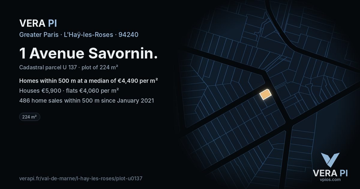 1 Avenue Savornin, L'Haÿ-les-Roses at night – the plot lit, the parcels around coloured by the prices near them