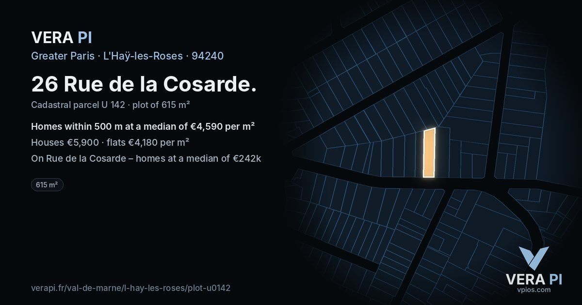 26 Rue de la Cosarde, L'Haÿ-les-Roses at night – the plot lit, the parcels around coloured by the prices near them