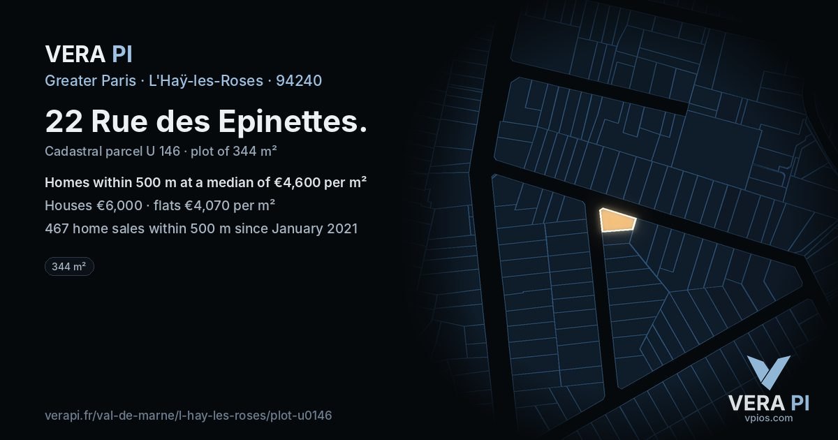 22 Rue des Epinettes, L'Haÿ-les-Roses at night – the plot lit, the parcels around coloured by the prices near them