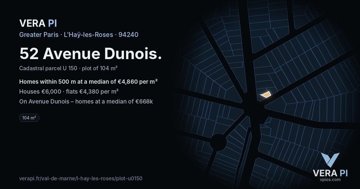 52 Avenue Dunois, L'Haÿ-les-Roses at night – the plot lit, the parcels around coloured by the prices near them