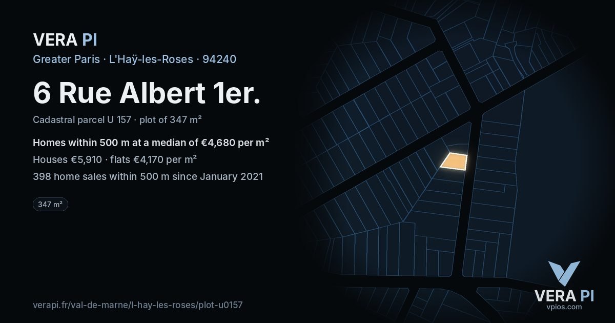 6 Rue Albert 1er, L'Haÿ-les-Roses at night – the plot lit, the parcels around coloured by the prices near them