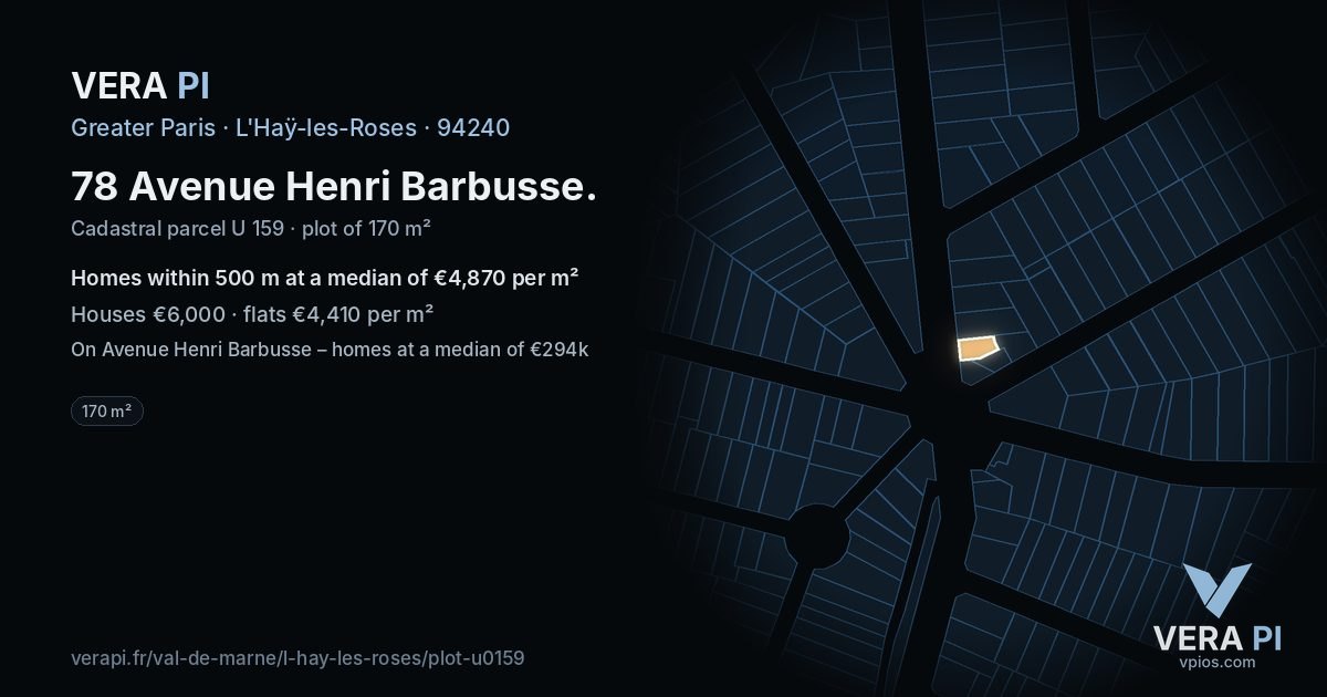 78 Avenue Henri Barbusse, L'Haÿ-les-Roses at night – the plot lit, the parcels around coloured by the prices near them
