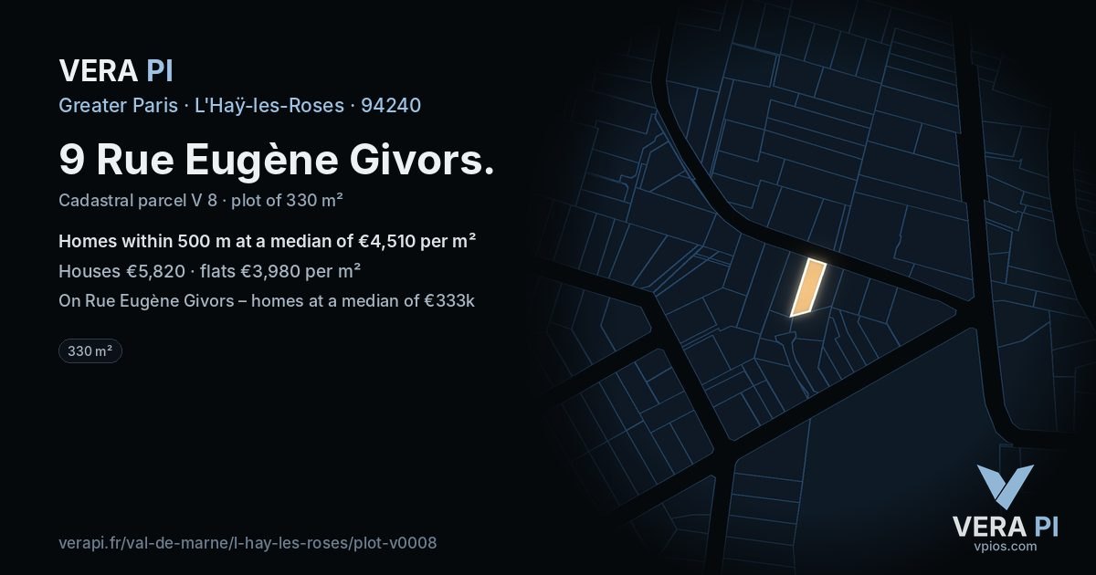 9 Rue Eugène Givors, L'Haÿ-les-Roses at night – the plot lit, the parcels around coloured by the prices near them