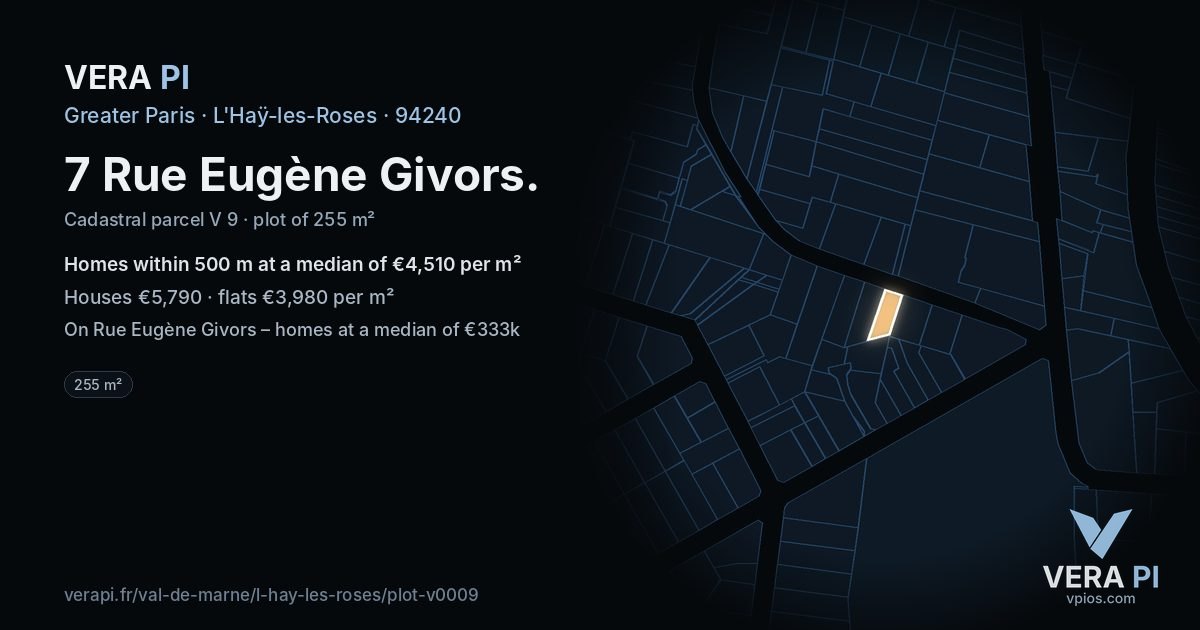7 Rue Eugène Givors, L'Haÿ-les-Roses at night – the plot lit, the parcels around coloured by the prices near them