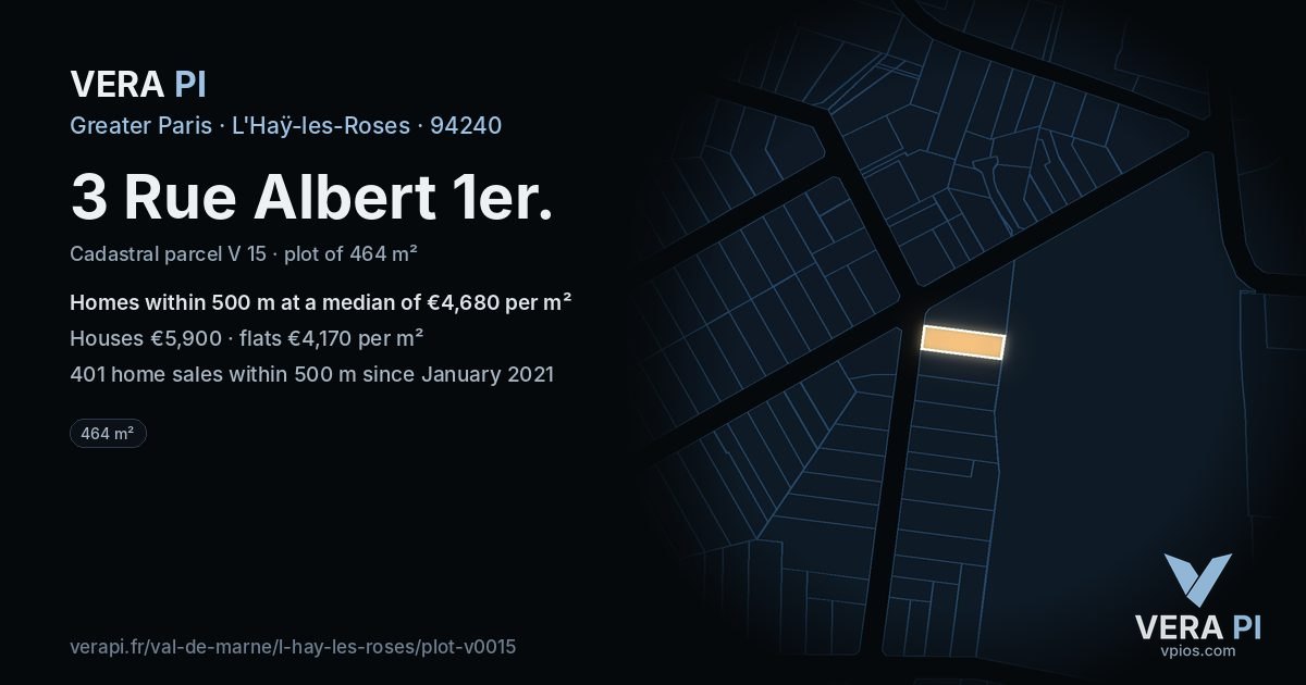 3 Rue Albert 1er, L'Haÿ-les-Roses at night – the plot lit, the parcels around coloured by the prices near them