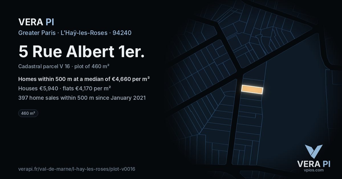 5 Rue Albert 1er, L'Haÿ-les-Roses at night – the plot lit, the parcels around coloured by the prices near them