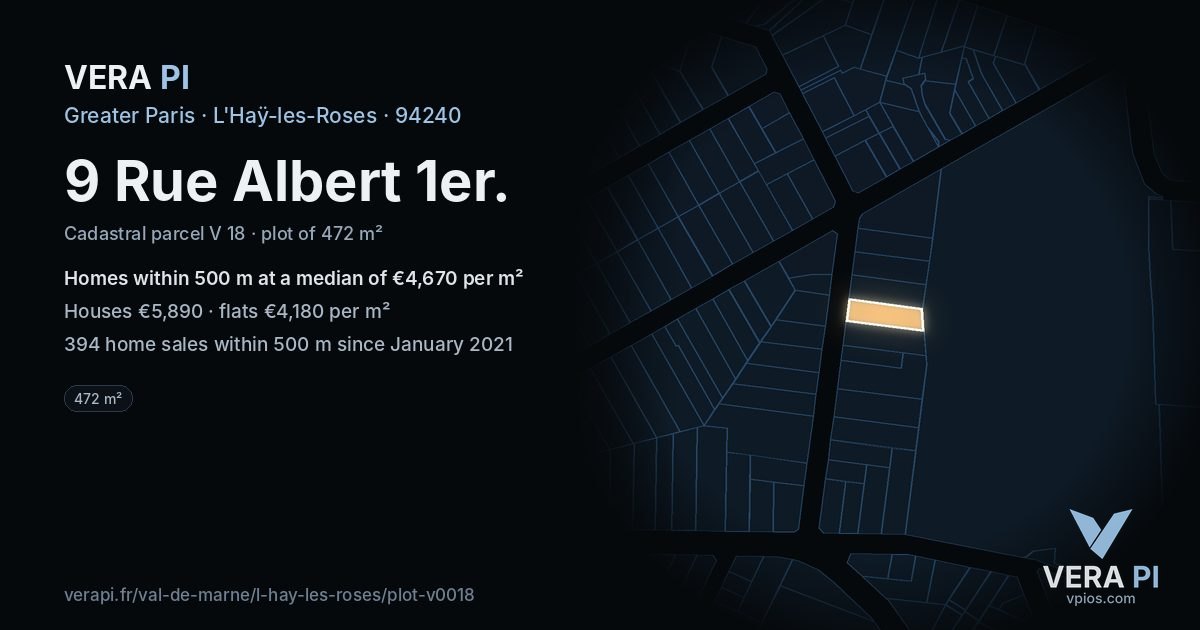 9 Rue Albert 1er, L'Haÿ-les-Roses at night – the plot lit, the parcels around coloured by the prices near them