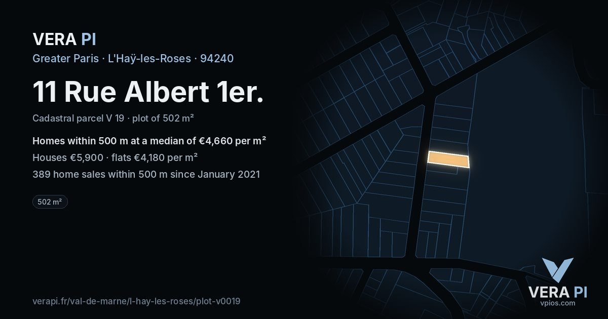 11 Rue Albert 1er, L'Haÿ-les-Roses at night – the plot lit, the parcels around coloured by the prices near them