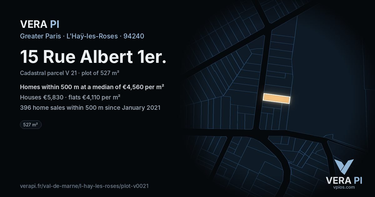 15 Rue Albert 1er, L'Haÿ-les-Roses at night – the plot lit, the parcels around coloured by the prices near them