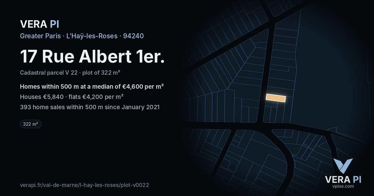 17 Rue Albert 1er, L'Haÿ-les-Roses at night – the plot lit, the parcels around coloured by the prices near them