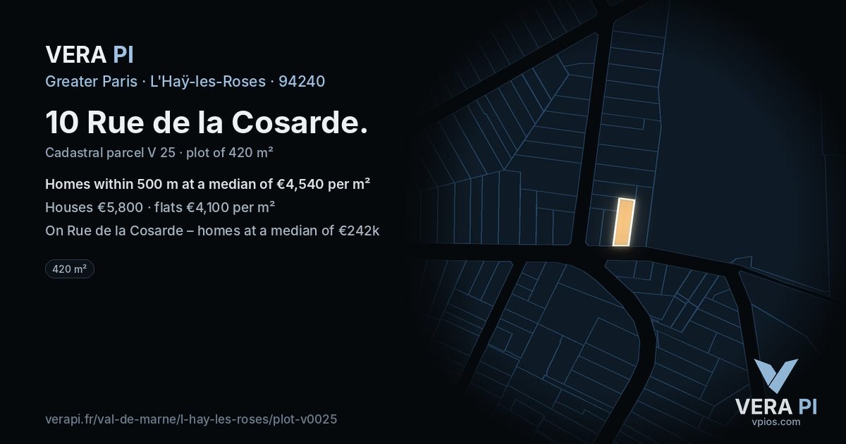 10 Rue de la Cosarde, L'Haÿ-les-Roses at night – the plot lit, the parcels around coloured by the prices near them