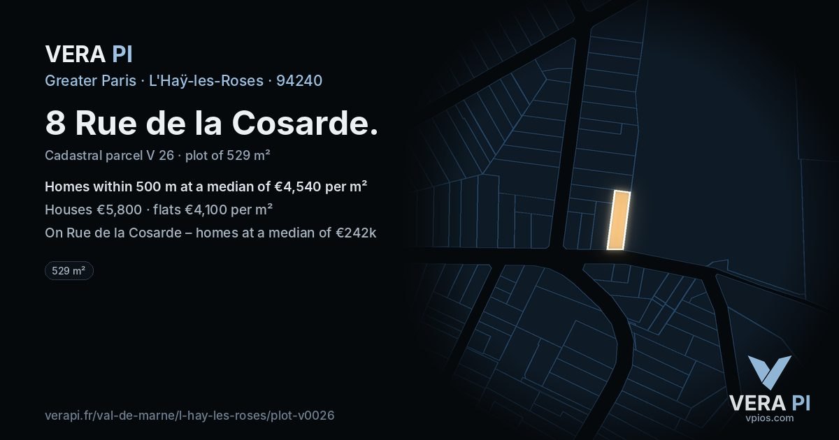 8 Rue de la Cosarde, L'Haÿ-les-Roses at night – the plot lit, the parcels around coloured by the prices near them