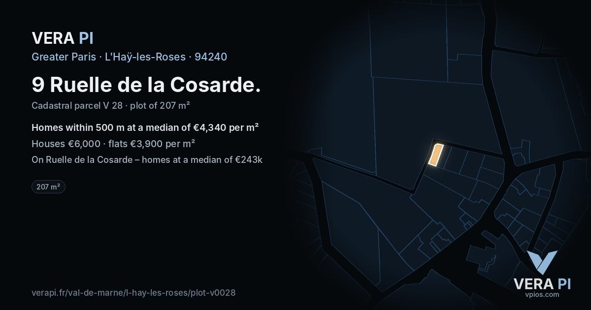 9 Ruelle de la Cosarde, L'Haÿ-les-Roses at night – the plot lit, the parcels around coloured by the prices near them