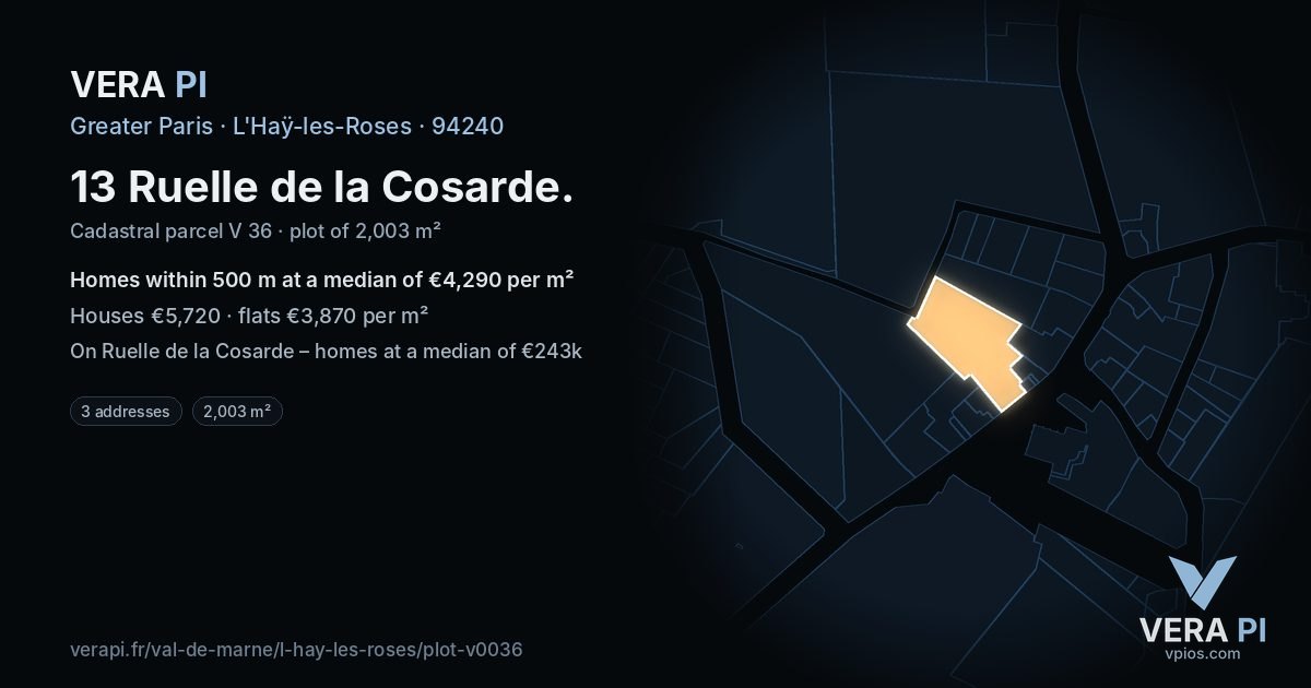 13 Ruelle de la Cosarde, L'Haÿ-les-Roses at night – the plot lit, the parcels around coloured by the prices near them