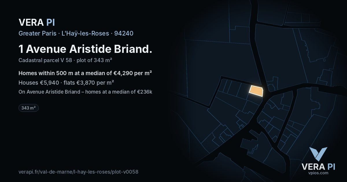 1 Avenue Aristide Briand, L'Haÿ-les-Roses at night – the plot lit, the parcels around coloured by the prices near them