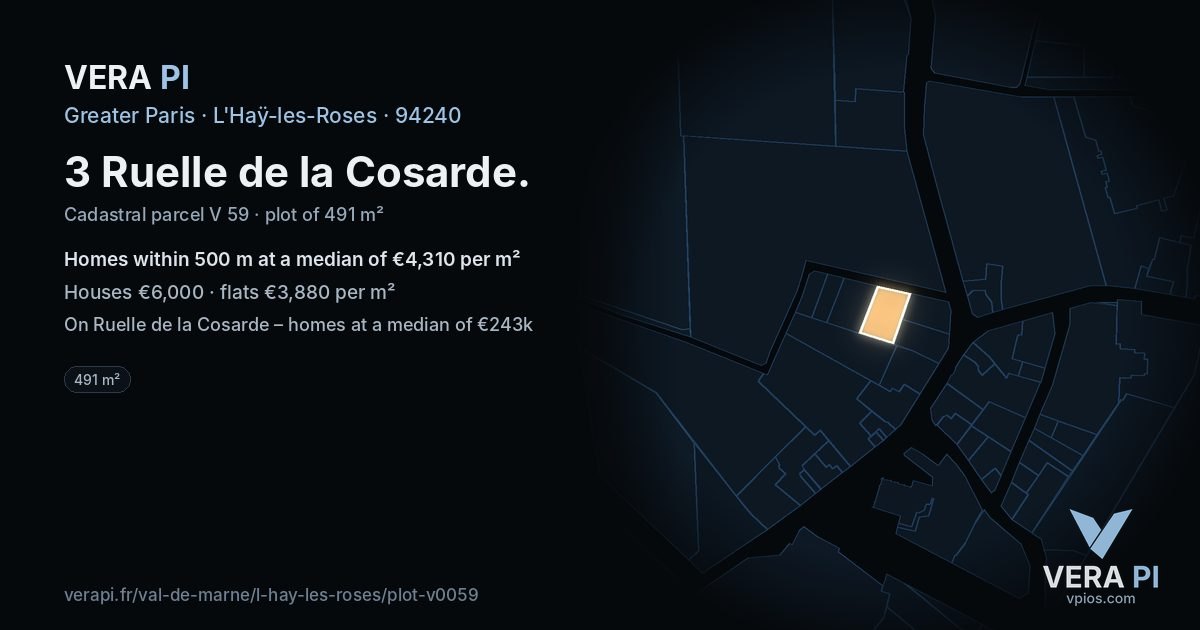 3 Ruelle de la Cosarde, L'Haÿ-les-Roses at night – the plot lit, the parcels around coloured by the prices near them