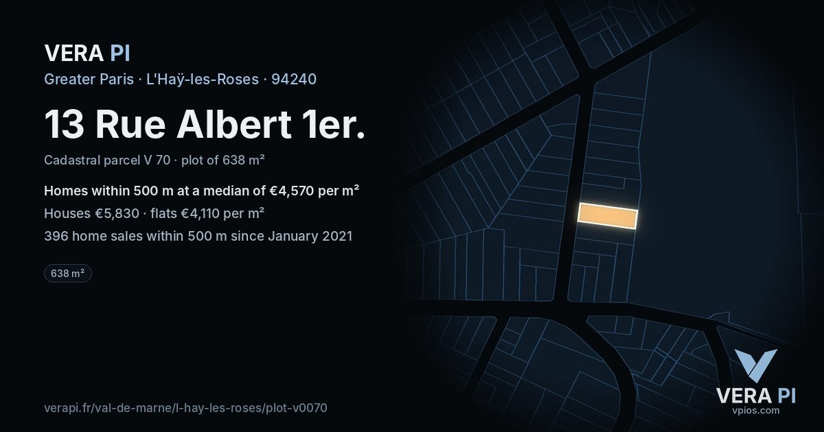 13 Rue Albert 1er, L'Haÿ-les-Roses at night – the plot lit, the parcels around coloured by the prices near them