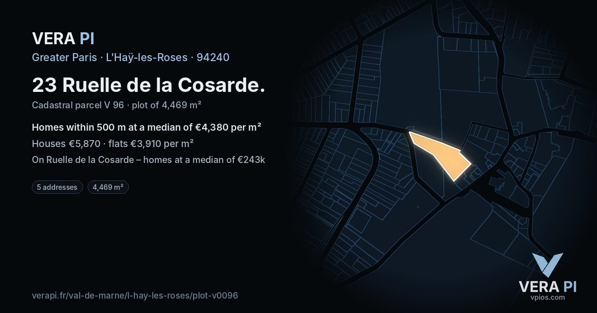 23 Ruelle de la Cosarde, L'Haÿ-les-Roses at night – the plot lit, the parcels around coloured by the prices near them