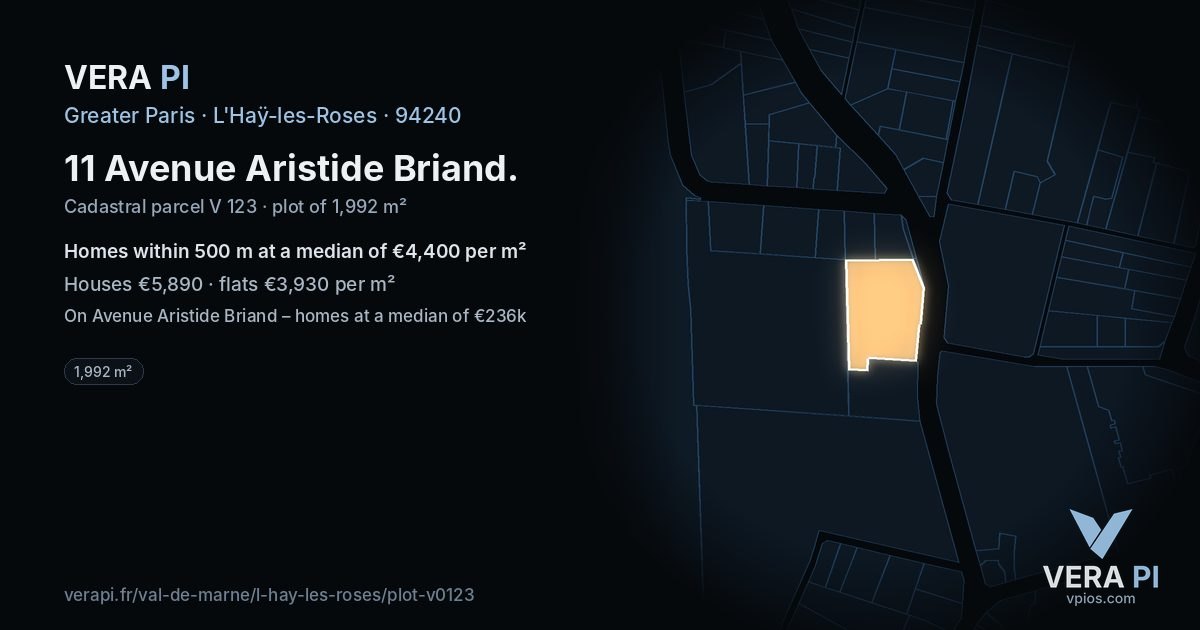 11 Avenue Aristide Briand, L'Haÿ-les-Roses at night – the plot lit, the parcels around coloured by the prices near them
