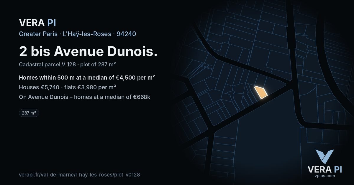 2 bis Avenue Dunois, L'Haÿ-les-Roses at night – the plot lit, the parcels around coloured by the prices near them