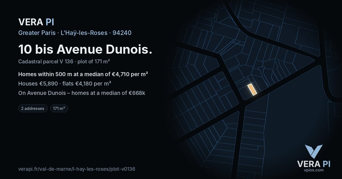 10 bis Avenue Dunois, L'Haÿ-les-Roses at night – the plot lit, the parcels around coloured by the prices near them