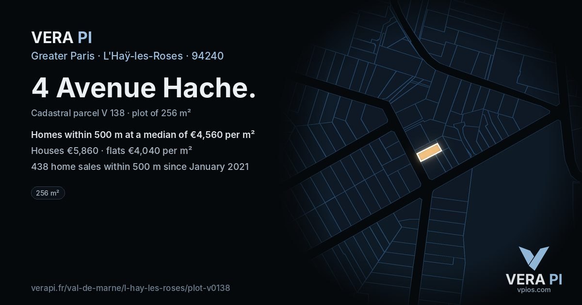 4 Avenue Hache, L'Haÿ-les-Roses at night – the plot lit, the parcels around coloured by the prices near them