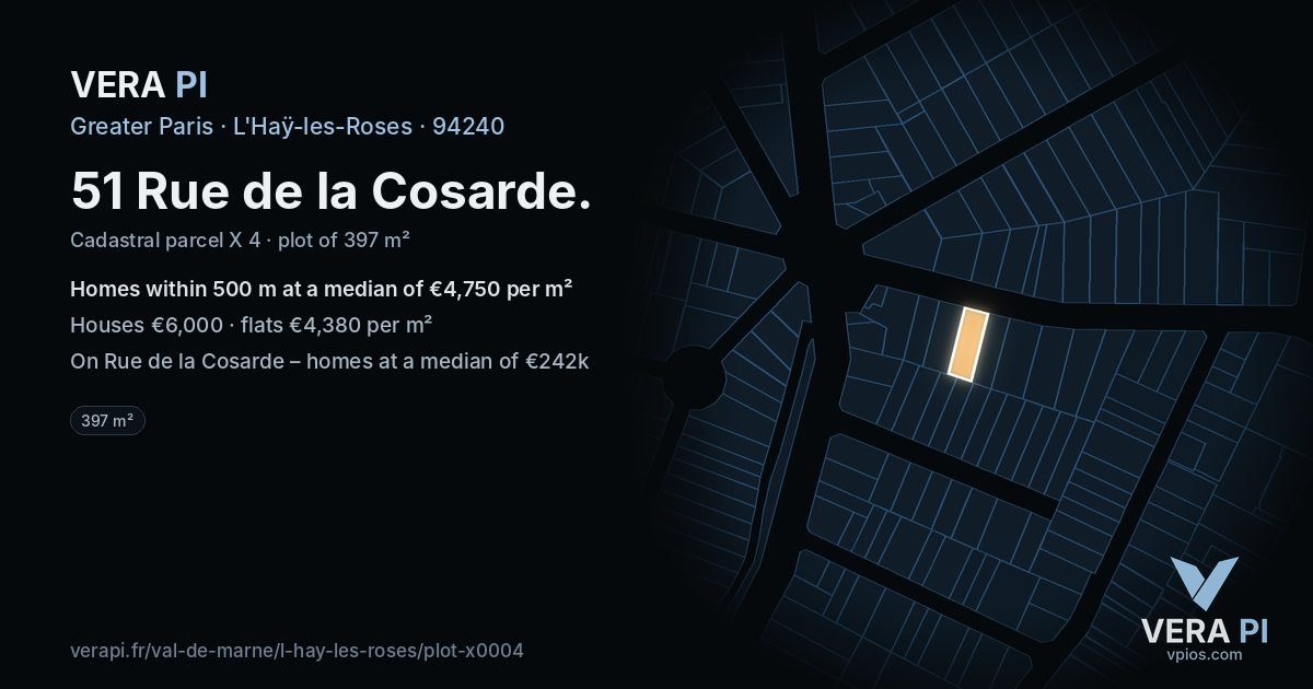 51 Rue de la Cosarde, L'Haÿ-les-Roses at night – the plot lit, the parcels around coloured by the prices near them