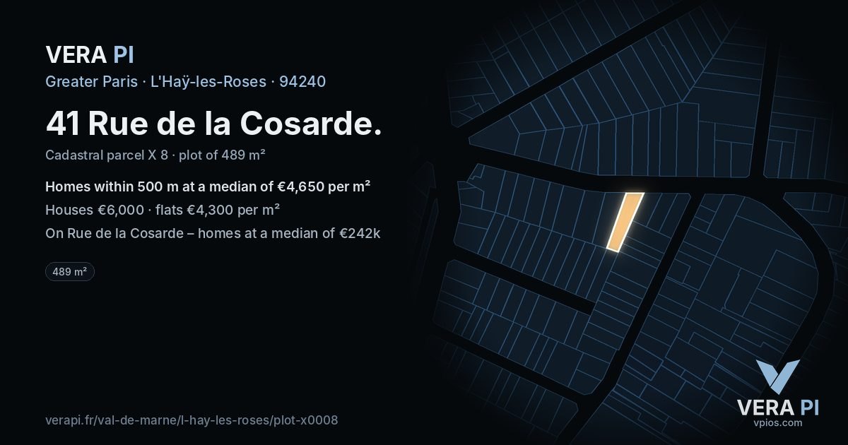 41 Rue de la Cosarde, L'Haÿ-les-Roses at night – the plot lit, the parcels around coloured by the prices near them