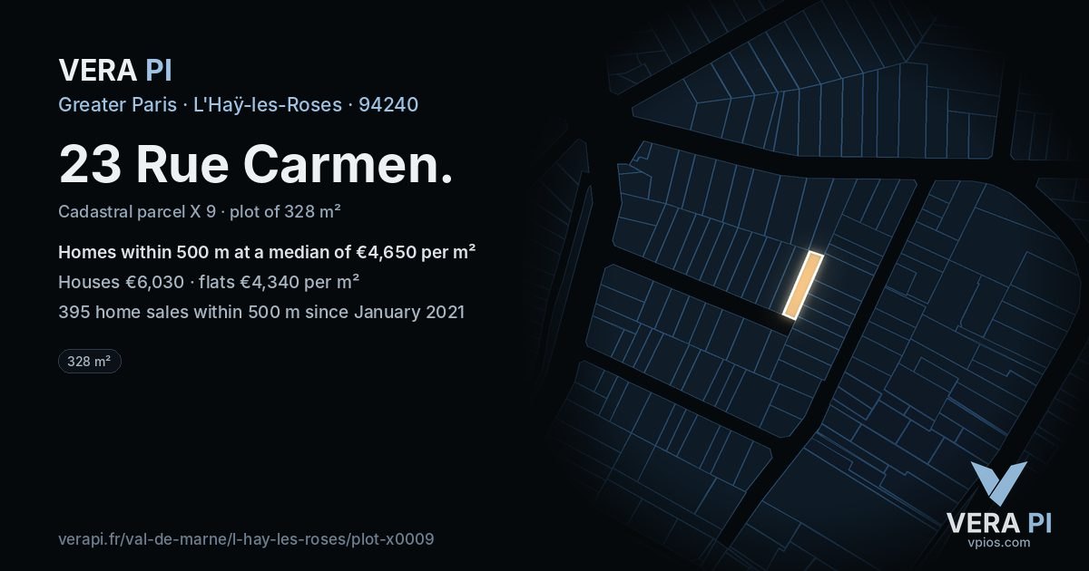 23 Rue Carmen, L'Haÿ-les-Roses at night – the plot lit, the parcels around coloured by the prices near them