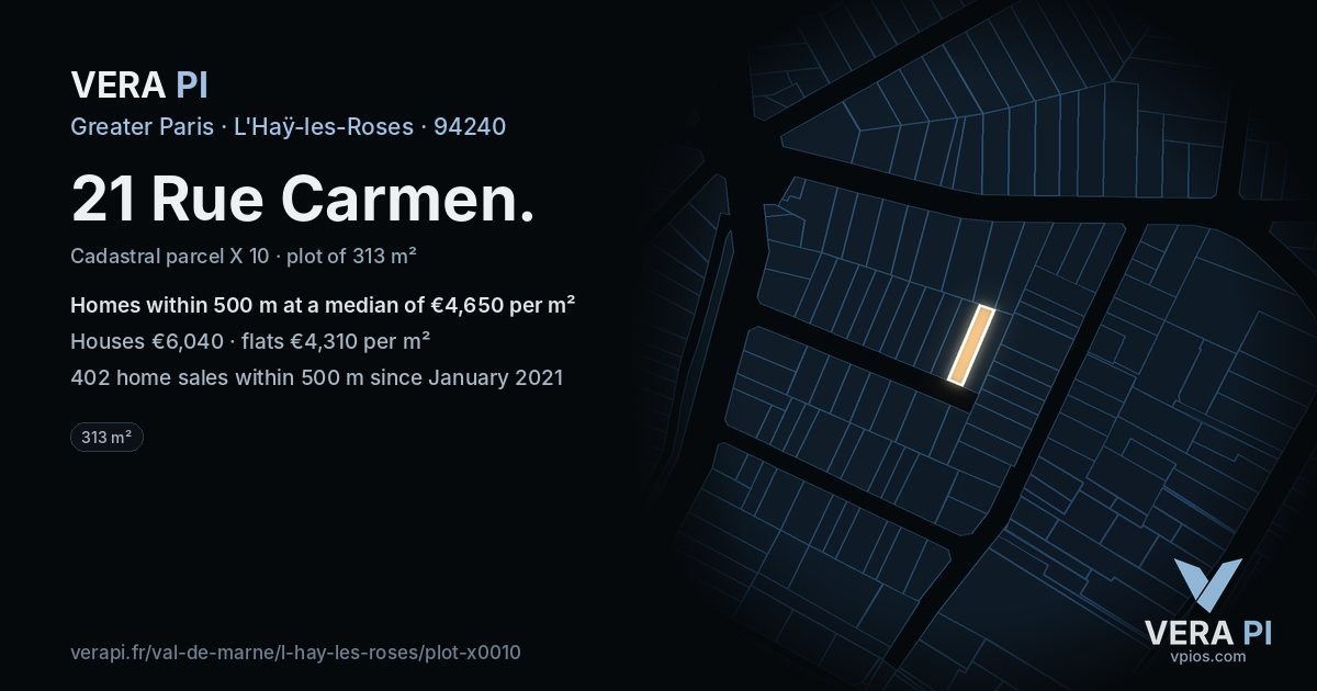 21 Rue Carmen, L'Haÿ-les-Roses at night – the plot lit, the parcels around coloured by the prices near them