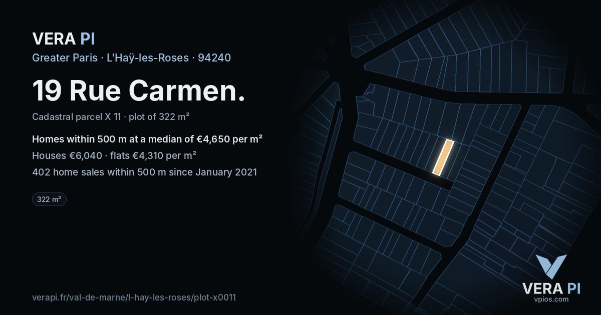 19 Rue Carmen, L'Haÿ-les-Roses at night – the plot lit, the parcels around coloured by the prices near them