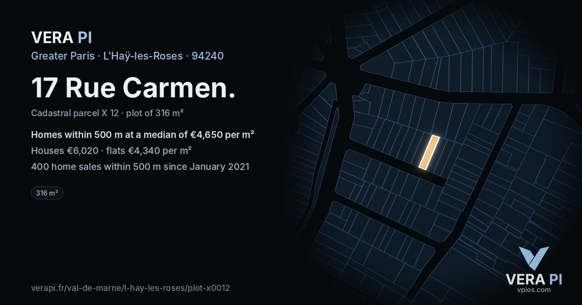 17 Rue Carmen, L'Haÿ-les-Roses at night – the plot lit, the parcels around coloured by the prices near them