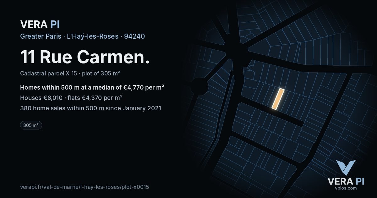 11 Rue Carmen, L'Haÿ-les-Roses at night – the plot lit, the parcels around coloured by the prices near them