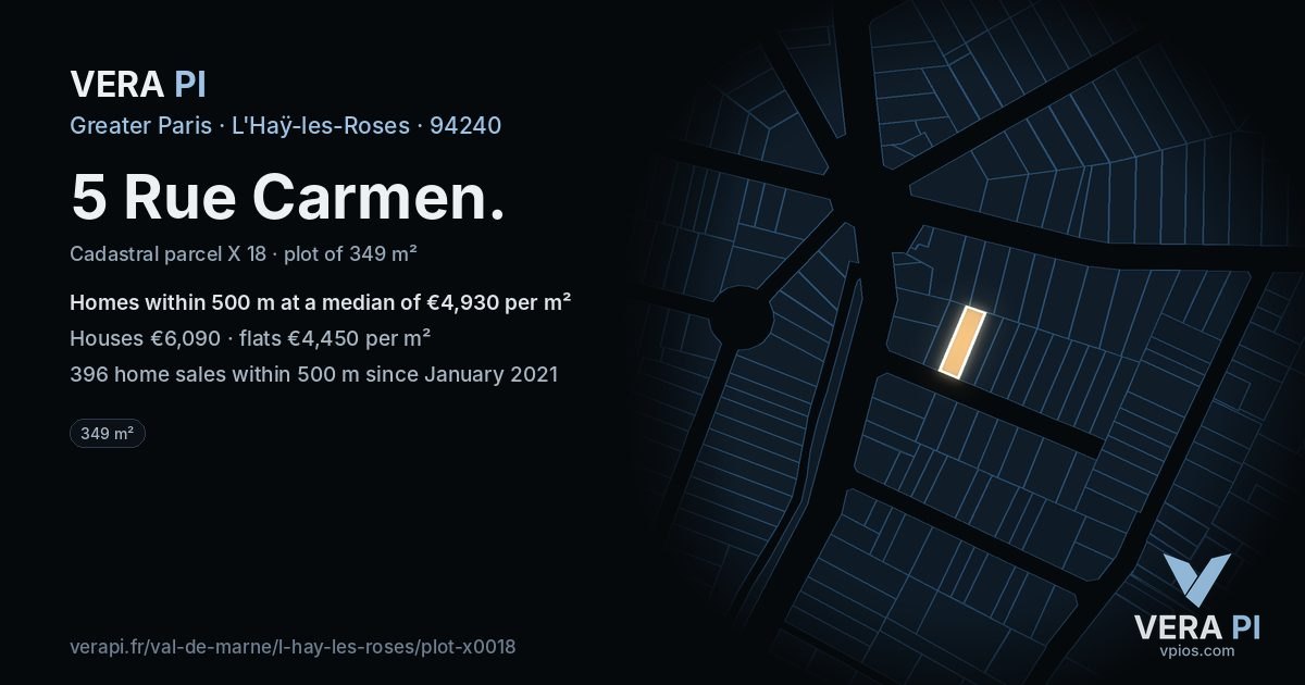 5 Rue Carmen, L'Haÿ-les-Roses at night – the plot lit, the parcels around coloured by the prices near them