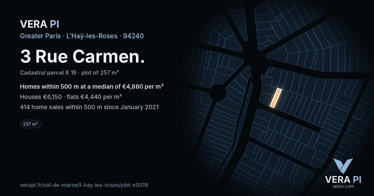 3 Rue Carmen, L'Haÿ-les-Roses at night – the plot lit, the parcels around coloured by the prices near them